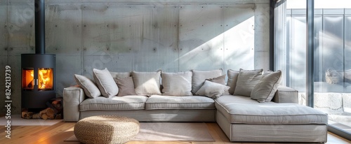 Minimalist interior with wood burning stove and window in the background, concrete wall panels, grey fabric sofa with light brown cushions