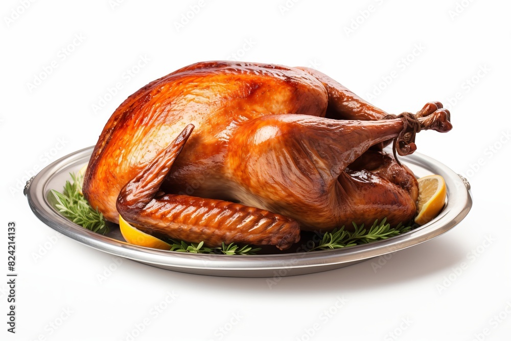 A large roasted turkey is sitting on a silver plate with lemon slices on top A large roasted turkey is sitting on a silver plate with lemon slices on top
