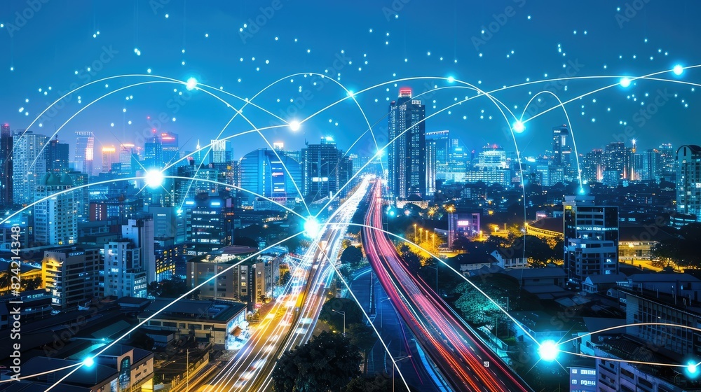 A network of glowing fiber optic cables emerging from a futuristic cityscape. abstract polygon pattern connection with speed line light, big data connection technology concept.