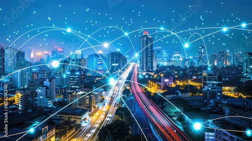 Wallpaper Mural A network of glowing fiber optic cables emerging from a futuristic cityscape. abstract polygon pattern connection with speed line light, big data connection technology concept. Torontodigital.ca