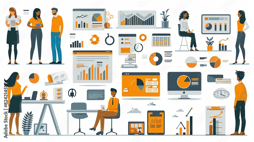 Set of business and finance people illustrations. Flat design vector illustrations of business, management, payment, market research and data analysis, communication Set of business and finance people illustrations. Flat design vector illustrations of business, management, payment, market research and data analysis, communication