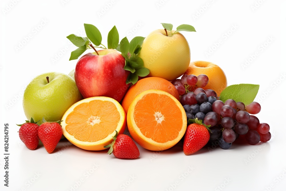 A pile of fruit including apples, oranges, and grapes A pile of fruit including apples, oranges, and grapes
