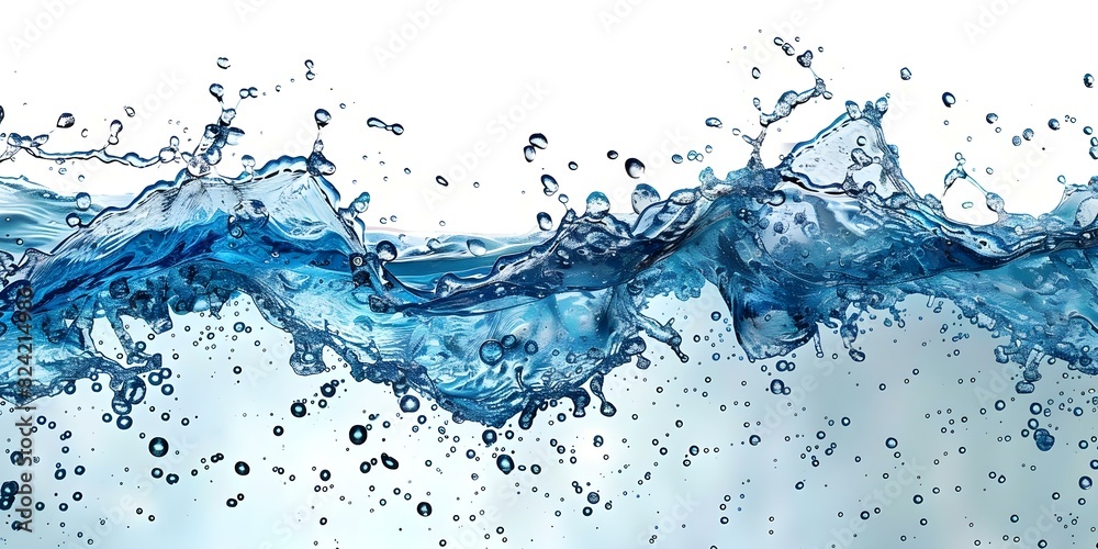 Blue water wave splashing in abstract form, isolated on white background with droplets. Concept Water Waves, Abstract, Blue, Splashing, White Background Blue water wave splashing in abstract form, isolated on white background with droplets. Concept Water Waves, Abstract, Blue, Splashing, White Background