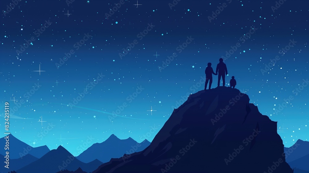 Fototapeta premium silhouette of three people on a mountain facing the starry sky