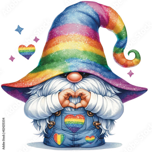 Pride Gnome wear rainbow hat watercolor clipart. Ai Generate