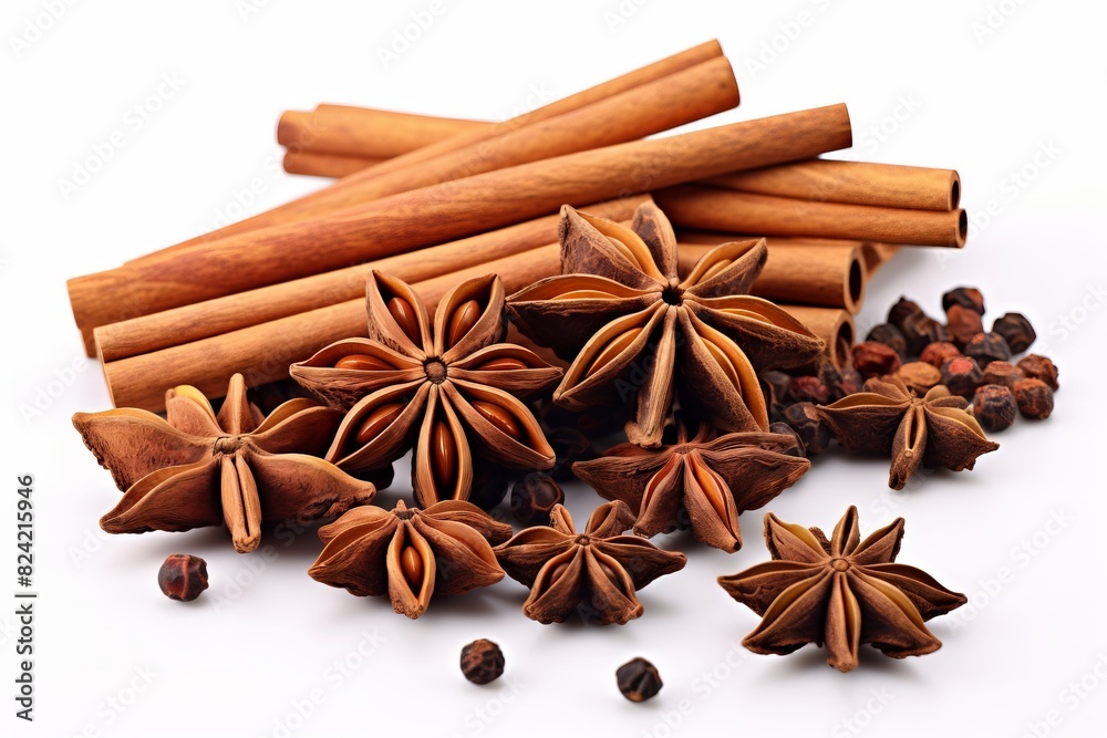 A bunch of cinnamon sticks and star anise are on a white background A bunch of cinnamon sticks and star anise are on a white background