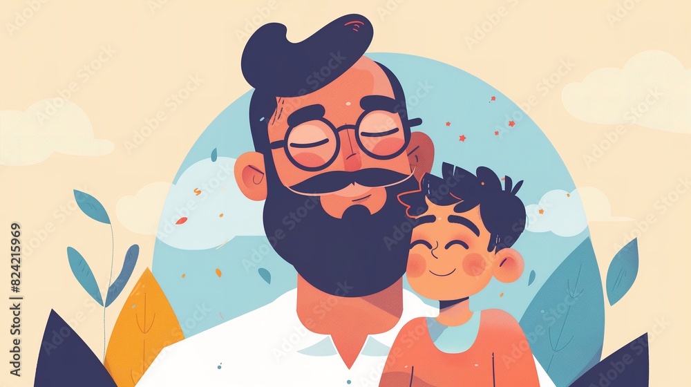An illustration of a father hugging his son with cartoon background An illustration of a father hugging his son with cartoon background