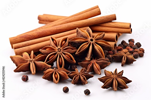 A bunch of cinnamon sticks and star anise are on a white background