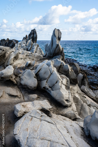 Dragon’s Teeth, fascinating trachyte lava rock geology where it flows into the Pacific Ocean, Makalua-Puna Point, Maui, Hawaii
