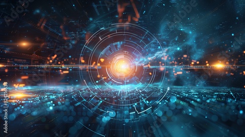 A futuristic, high-tech scene featuring a central glowing point with concentric circles, dynamic light streaks, and digital patterns in blue and orange hues.