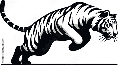 Illustration of a jumping tiger in black and white