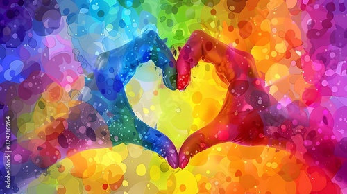 Hands form a heart symbol with a vibrant rainbow background. This graphic representation of pride and LGBTQ support is filled with colorful energy. photo