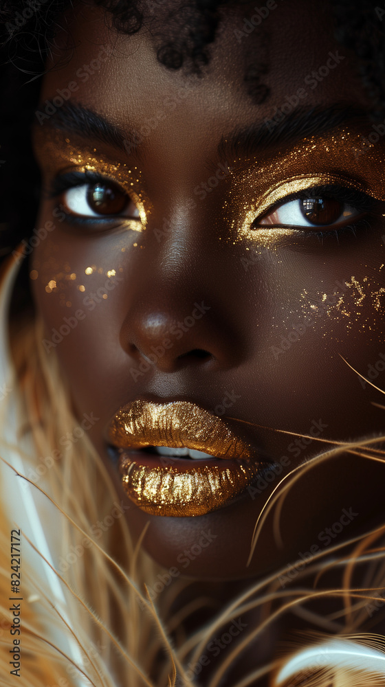 A beautiful feminine face with gold metallic make-up and feathers. A beautiful feminine face with gold metallic make-up and feathers.