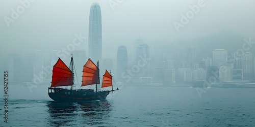 Iconic redsailed junk boat glides past Hong Kongs skyline delighting tourists. Concept Travel, Hong Kong, Chinese Culture, Tourism, Asia photo