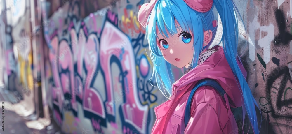 Fototapeta premium A cute blue-haired anime girl in a pink jacket stands next to a graffiti wall in the style of cyberpunk. Japanese animation.