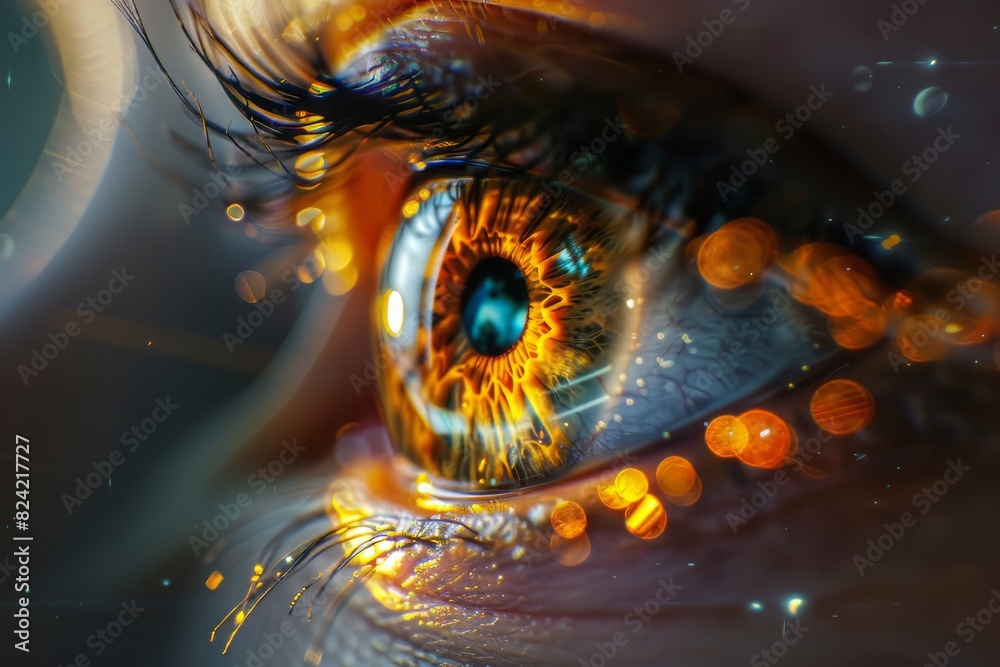 Realistic hologram of human eye and real eye close-up.Laser eye surgery, cataract, ophthalmologist Realistic hologram of human eye and real eye close-up.Laser eye surgery, cataract, ophthalmologist