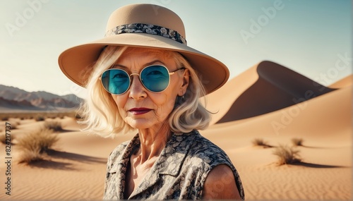 beautiful elderly blonde woman on desert background fashion portrait posing with hat and sunglasses