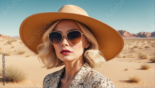 beautiful middleaged blonde woman on desert background fashion portrait posing with hat and sunglasses