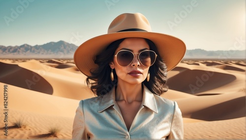 beautiful middleaged hispanic woman on desert background fashion portrait posing with hat and sunglasses