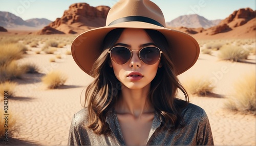beautiful young brunette girl on desert background fashion portrait posing with hat and sunglasses
