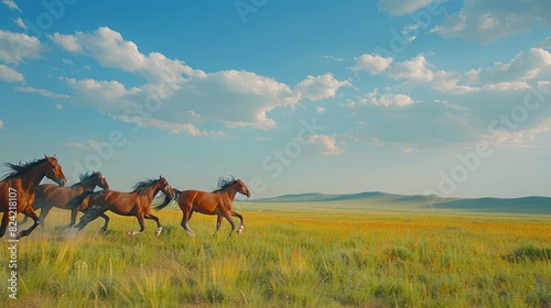 Galloping horses galloping on the grassland wetlands of Inner Mongolia in summer