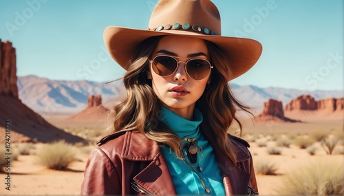 beautiful young cowboy girl on desert background fashion portrait posing with hat and sunglasses