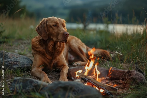large brown dog relaxing by campfire on spring evening petfriendly campgrounds outdoor adventure photo