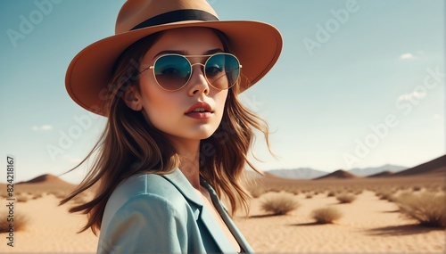 beautiful young caucasian girl on desert background fashion portrait posing with hat and sunglasses