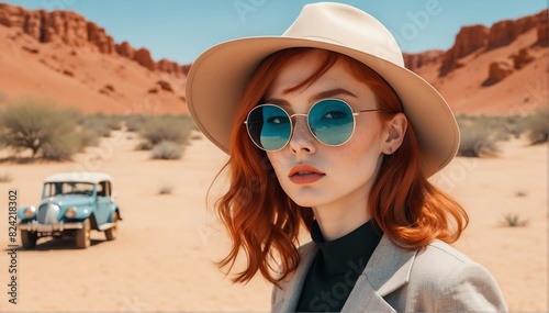 beautiful young redhead girl on desert background fashion portrait posing with hat and sunglasses