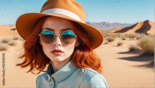 beautiful young redhead girl on desert background fashion portrait posing with hat and sunglasses