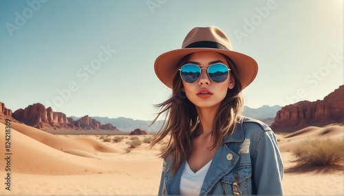 beautiful young rocker girl on desert background fashion portrait posing with hat and sunglasses