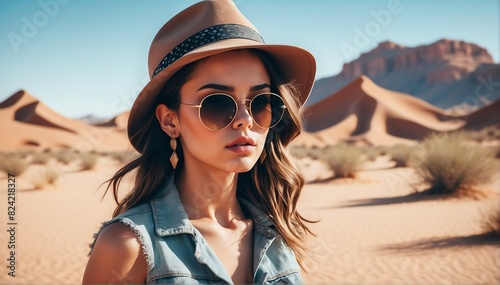 beautiful young rocker girl on desert background fashion portrait posing with hat and sunglasses