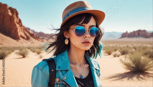 beautiful young rocker girl on desert background fashion portrait posing with hat and sunglasses