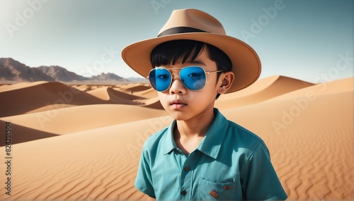 handsome kid asian boy on desert background fashion portrait posing with hat and sunglasses