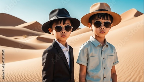handsome kid asian boy on desert background fashion portrait posing with hat and sunglasses © SevenThreeSky