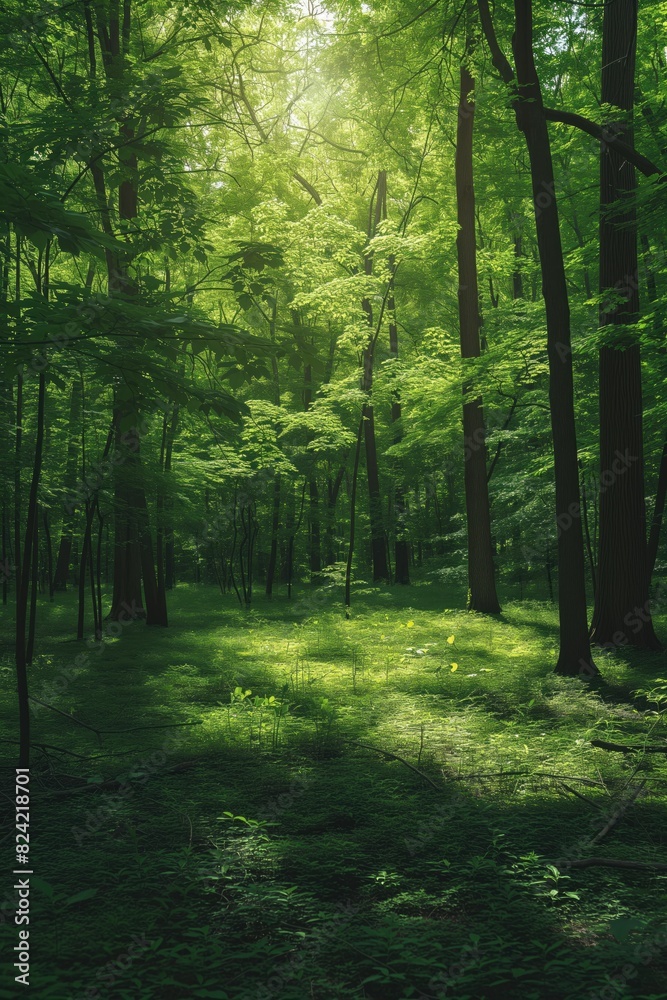 Fototapeta premium Forest Path in the Morning Trees in Summer Spring Sunlight Beaming Through Canopy Nature Artwork Background Concept, Web Graphic Wallpaper, Vertical 9:16 Digital Art Backdrop