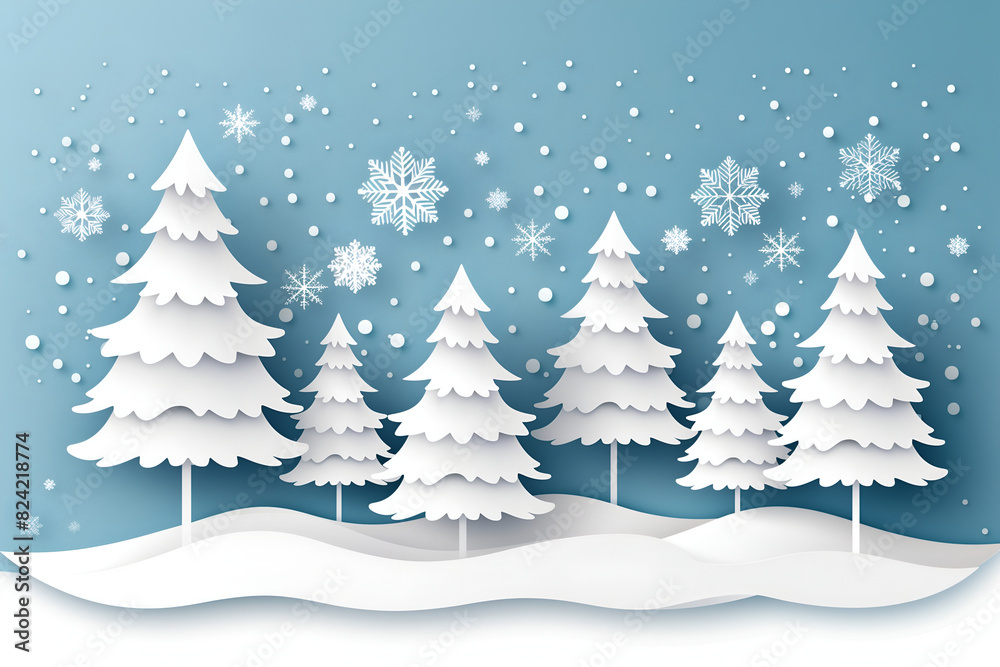 winter landscape with trees and snow, snow fall in the forest, white papercut style Christmas trees winter landscape with trees and snow, snow fall in the forest, white papercut style Christmas trees
