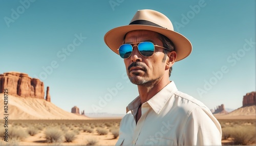 handsome middleaged guy on desert background fashion portrait posing with hat and sunglasses