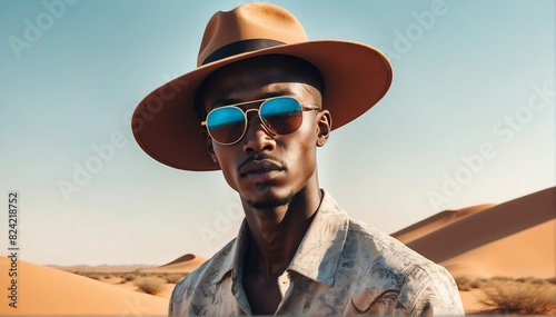 handsome young african guy on desert background fashion portrait posing with hat and sunglasses