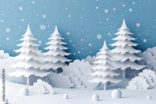 winter landscape with trees and snow   snow fall in the forest  white papercut style Christmas trees 