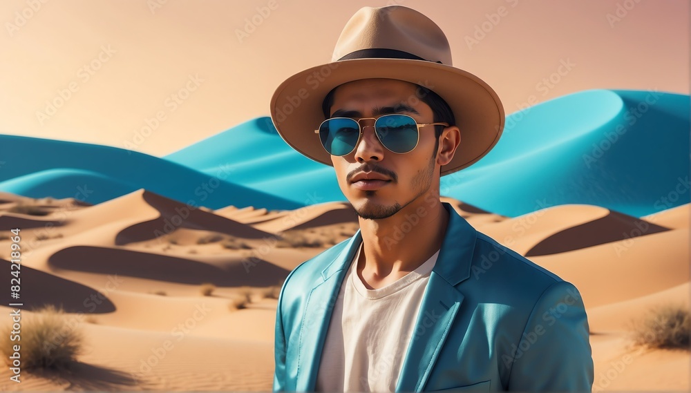 handsome young hispanic guy on desert background fashion portrait posing with hat and sunglasses