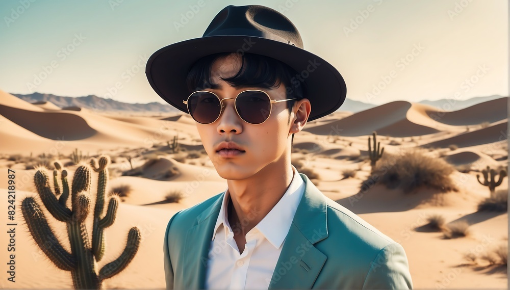 handsome young korean guy on desert background fashion portrait posing with hat and sunglasses