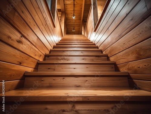 A staircase made of wood with a light shining on it
