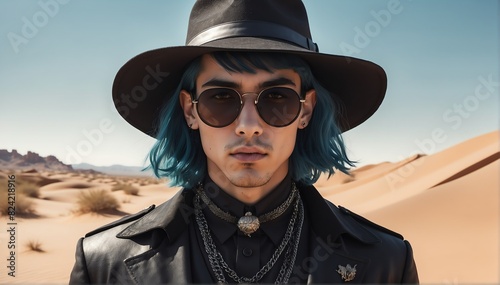 handsome young goth guy on desert background fashion portrait posing with hat and sunglasses