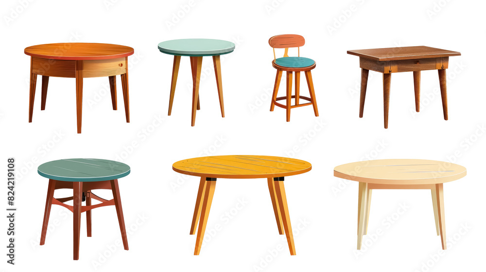 colorful set of home tables and chairs with different designs, isolated on transparent background