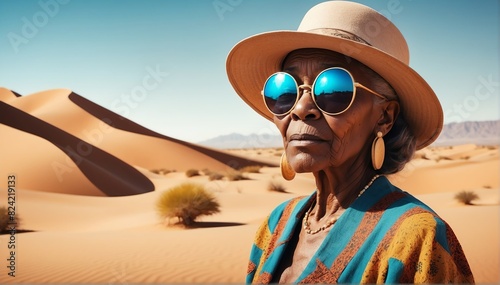 beautiful elderly african woman on desert background fashion portrait posing with hat and sunglasses © SevenThreeSky