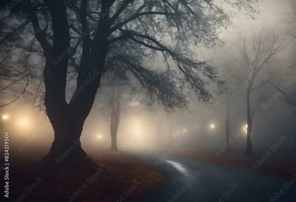 A foggy park scene with a winding path, illuminated by street lamps. The trees are bare, and the atmosphere is eerie and mysterious. A foggy park scene with a winding path, illuminated by street lamps. The trees are bare, and the atmosphere is eerie and mysterious.