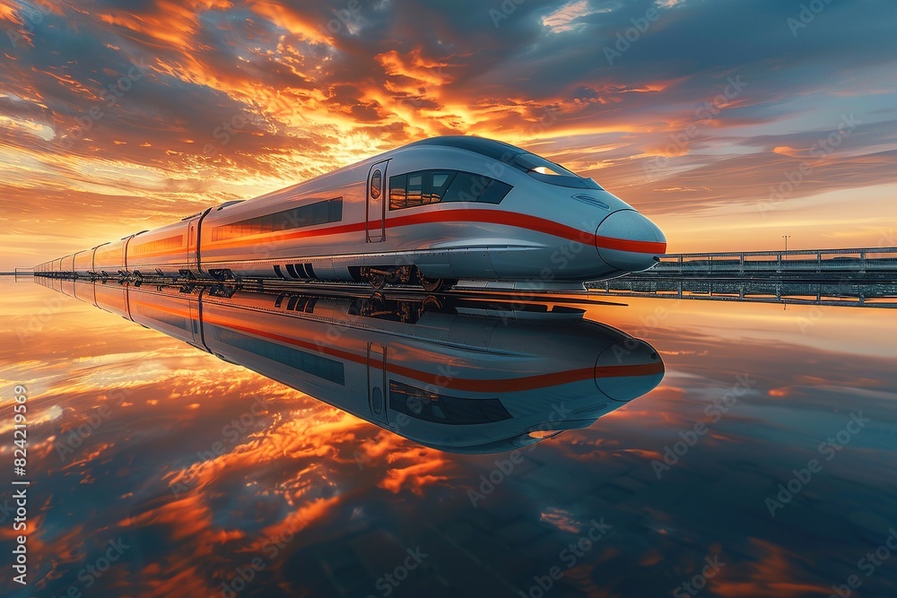 The reflection of a high-speed train passing through the lake surface The reflection of a high-speed train passing through the lake surface