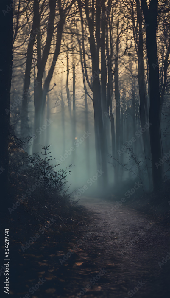 Obraz premium A foggy forest path with tall, leafless trees and a mysterious atmosphere. The path is dimly lit with a soft, eerie glow in the background.