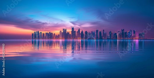 Photo of the landscape The city skyline seen at sunset with the sea in front and buildings reflected on its surface